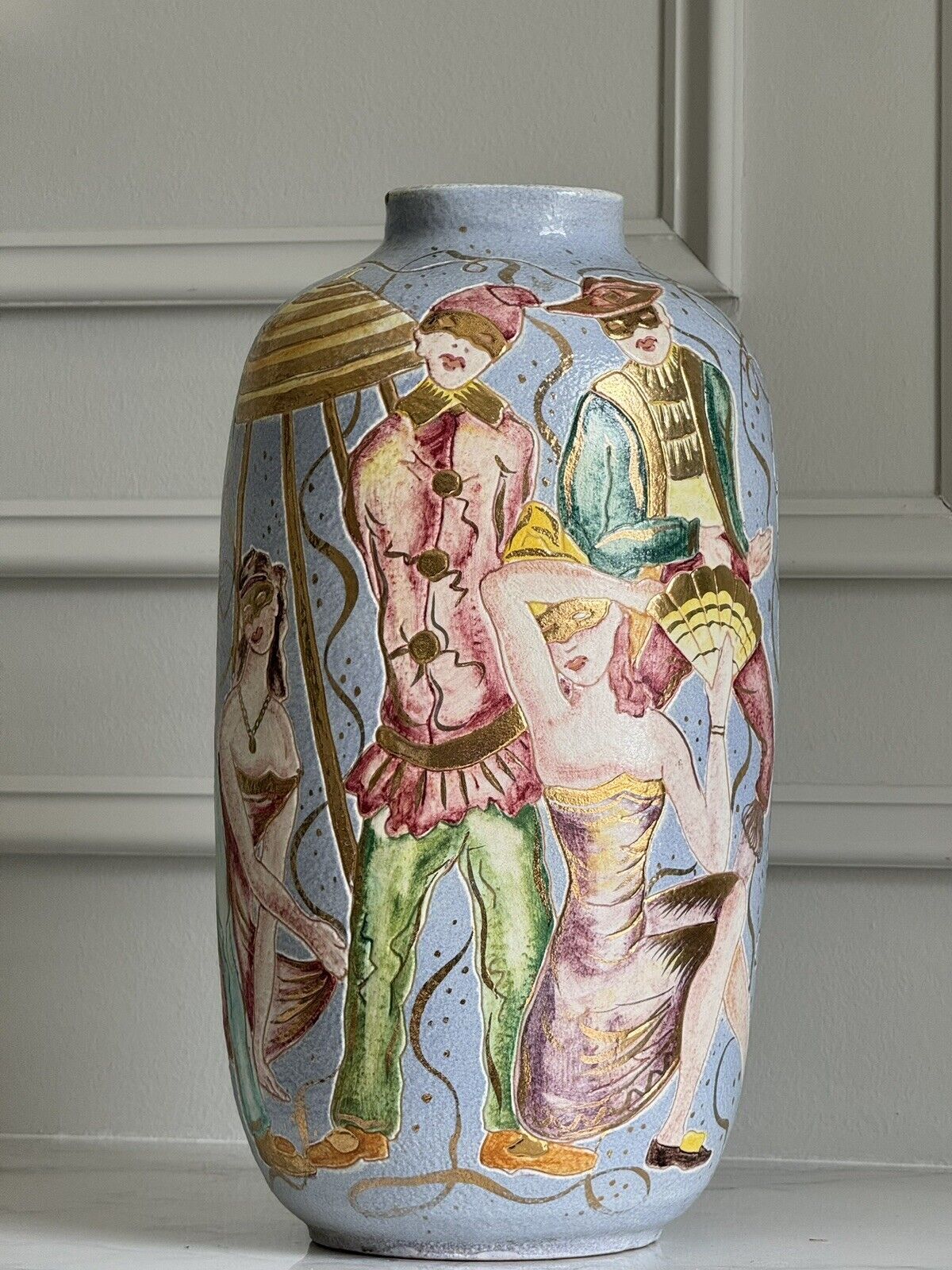16” Marcello Fantoni Raymor- Italy Harlequin Jester Hand Painted Vase