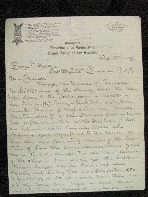 CIVIL WAR 20TH CONNECTICUT ANDERSONVILLE POW VETERAN LETTER TO COMRADE 1931