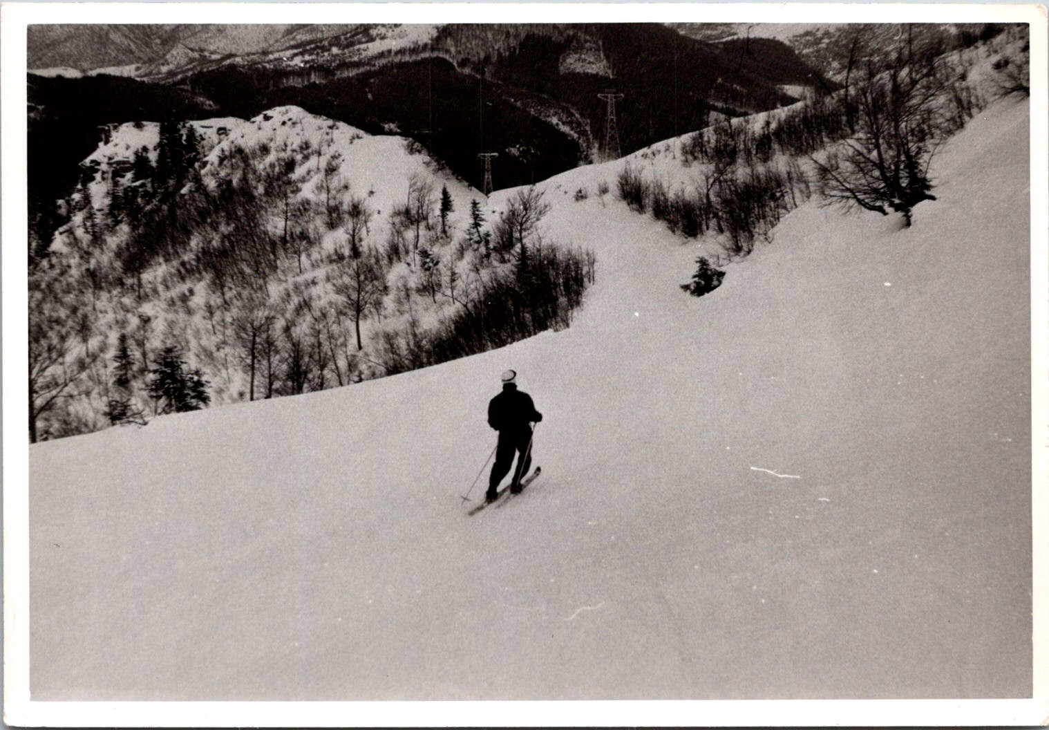 Lone Skier Descending Snowy Mountain Slope, 1950s B&W Vintage Photo