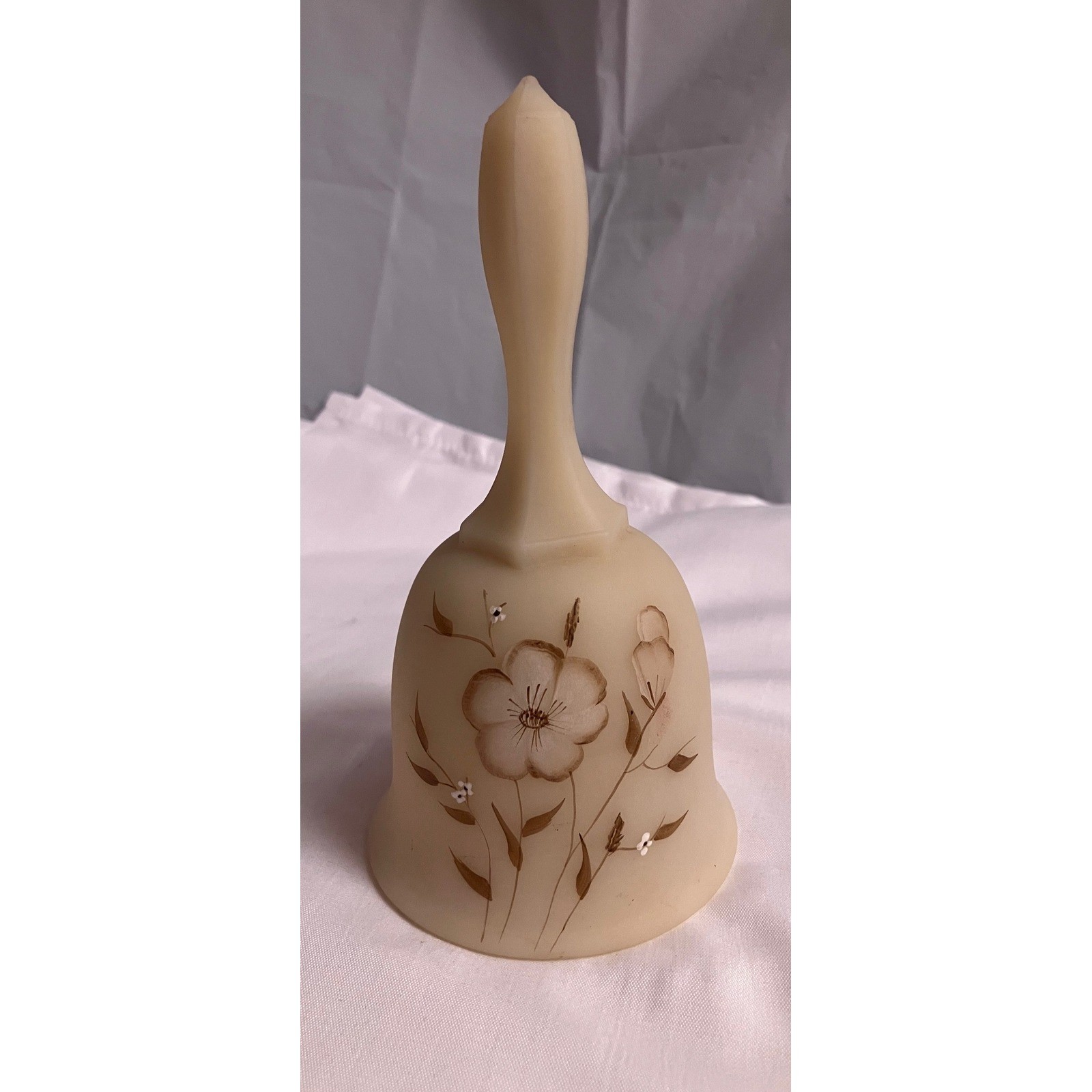 Fenton Glass Bell Hand Painted Floral Satin Custard Art Glass Signed Debi L