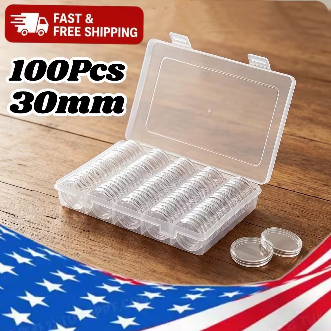 100PCS 30 mm Silver Gold Coin Cases Capsules Holder Clear Plastic Round Storage