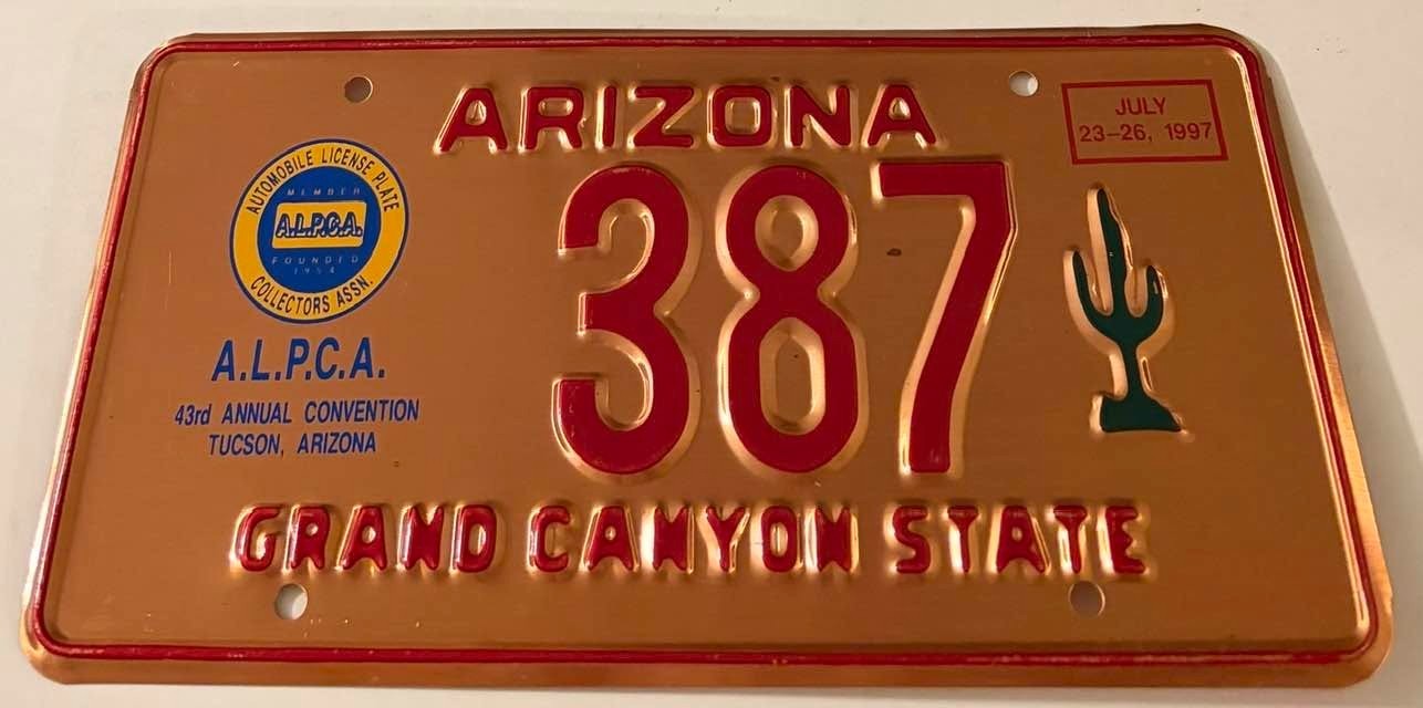 1997 Tucson Arizona ALPCA Souvenir Booster License Plate 387 HEVY COPPER