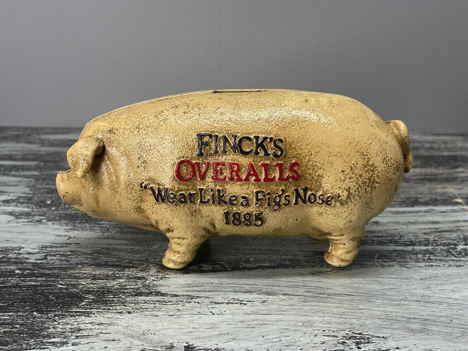 Fincks Overalls Piggy Bank, Cast Iron Pig W/ Antique Finish, Man Cave Bar Decor