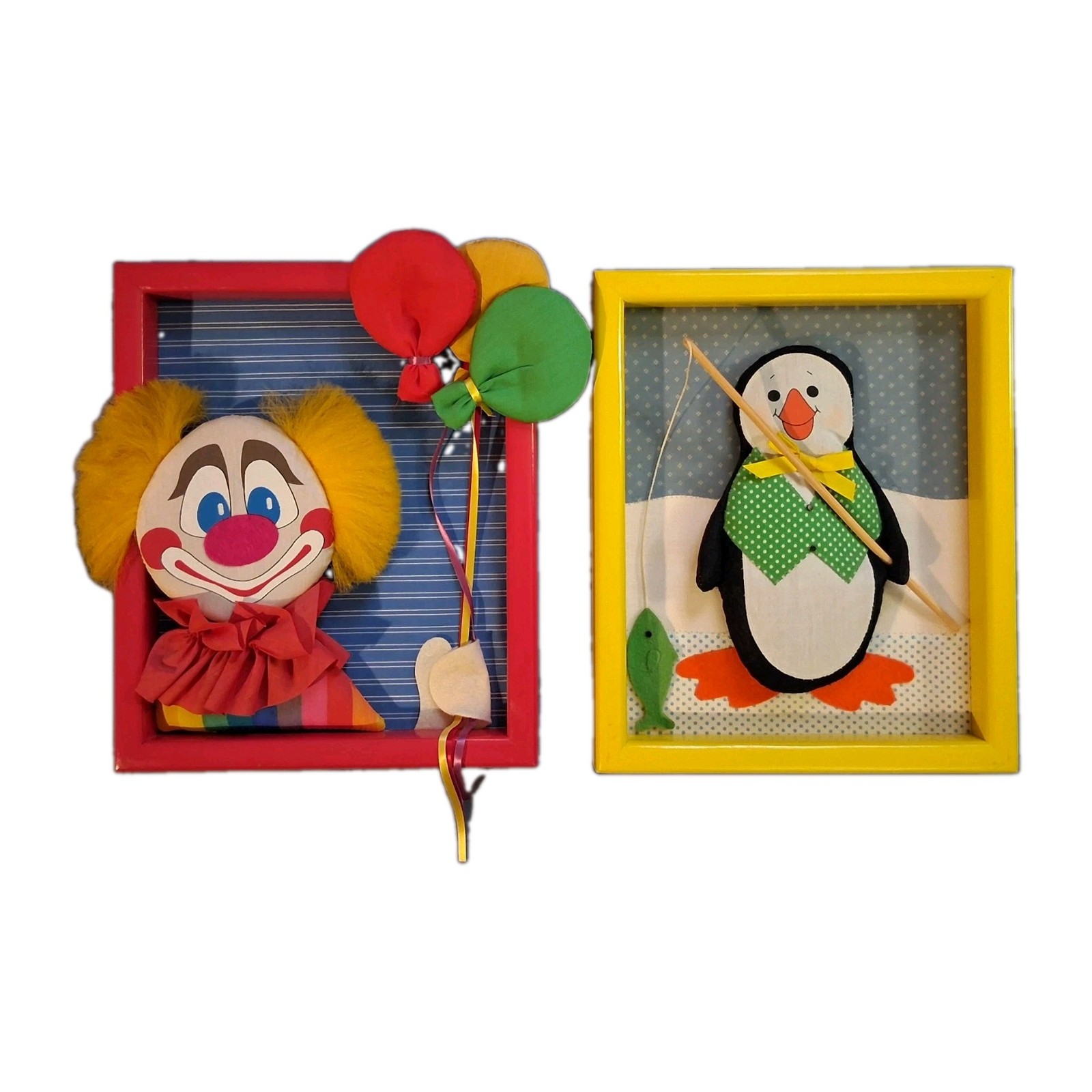 Vintage Nursery Wall Art Wooltex Fun Frames Lot Clown Penguin Hanging 3D Fabric