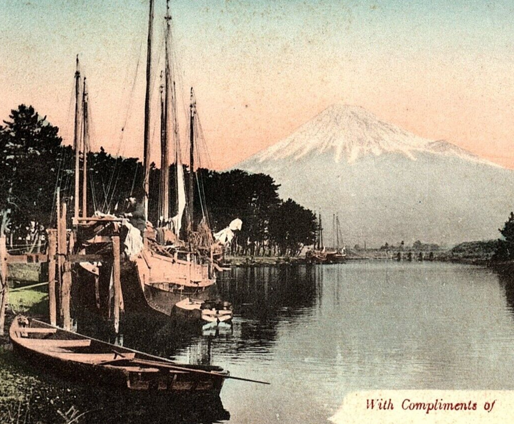 c1910 JAPAN FUJI FROM TAGONOURA SHIPS JAPAN TEA ADVERTISING POSTCARD 46-139