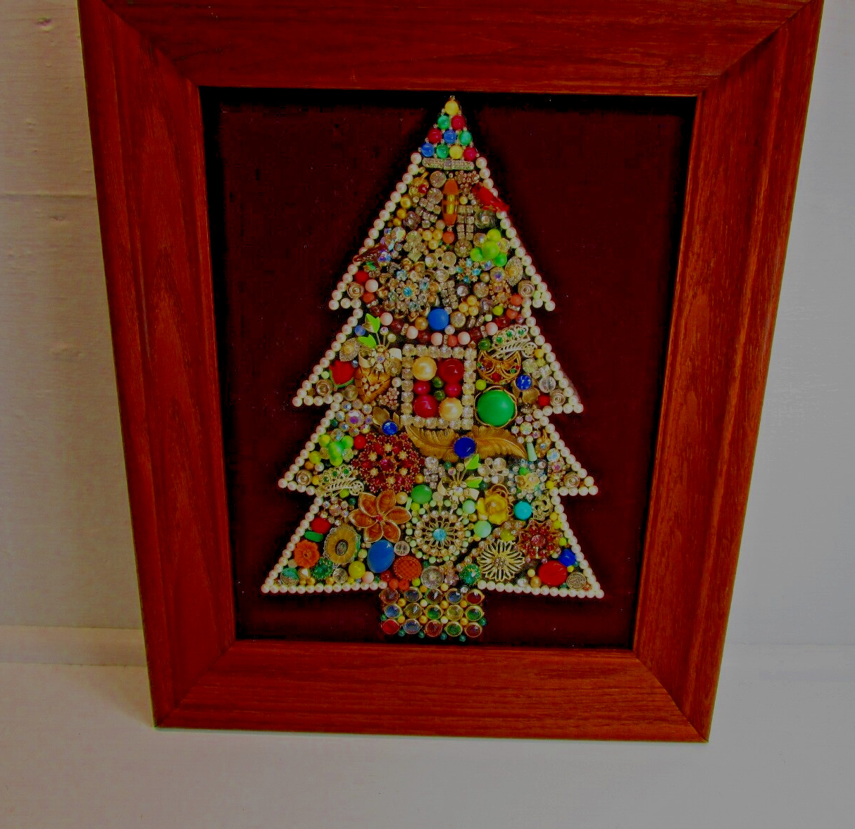 Large Wood Framed Jewelry Christmas Tree Rhinestones Pearls On Burgundy Velvet