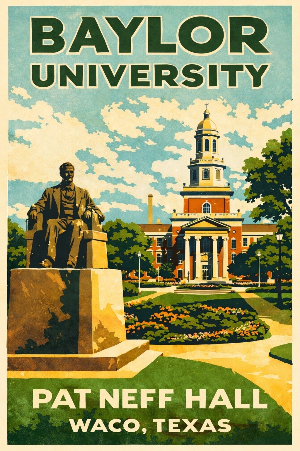 🏛️ Baylor University Poster - Vintage Pat Neff Hall 🌳 24x36” - Premium Matte