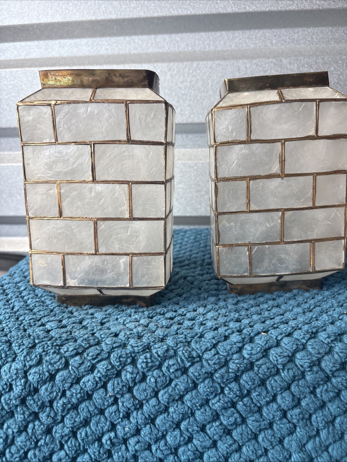 Set of 2 vtg Capiz shell brass lamp shades 8 Inches Tall X6 Inches Square