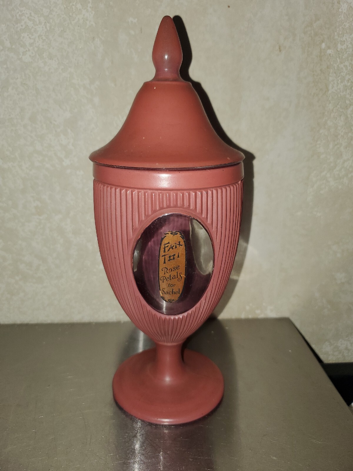 Antique 1920s Fan Toi Mauve Pink Lidded Glass Decorative Jar W/Clear Panels