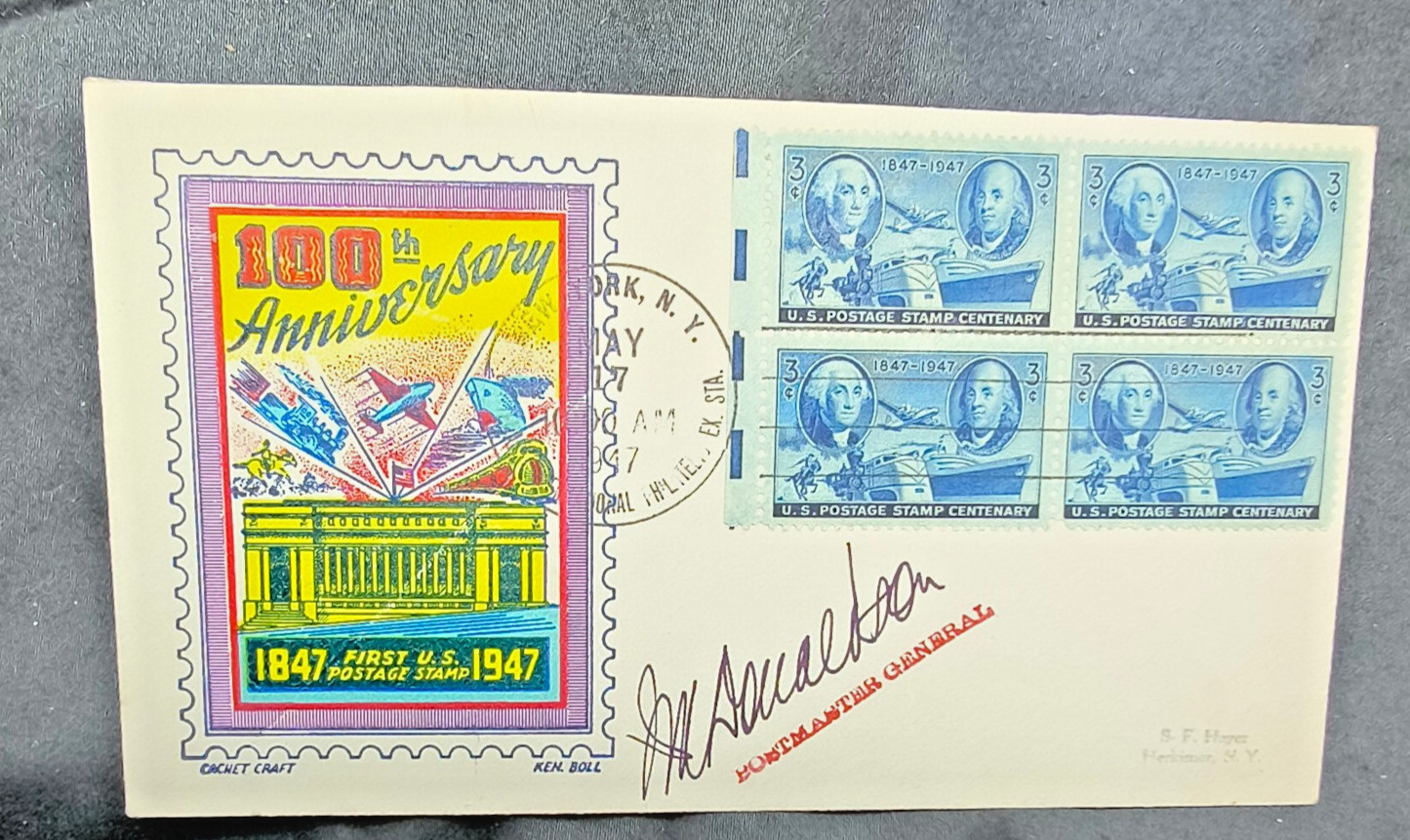 1947 US Stamp Centenary FDC Signed Postmaster General Jesse M Donaldson Block 4