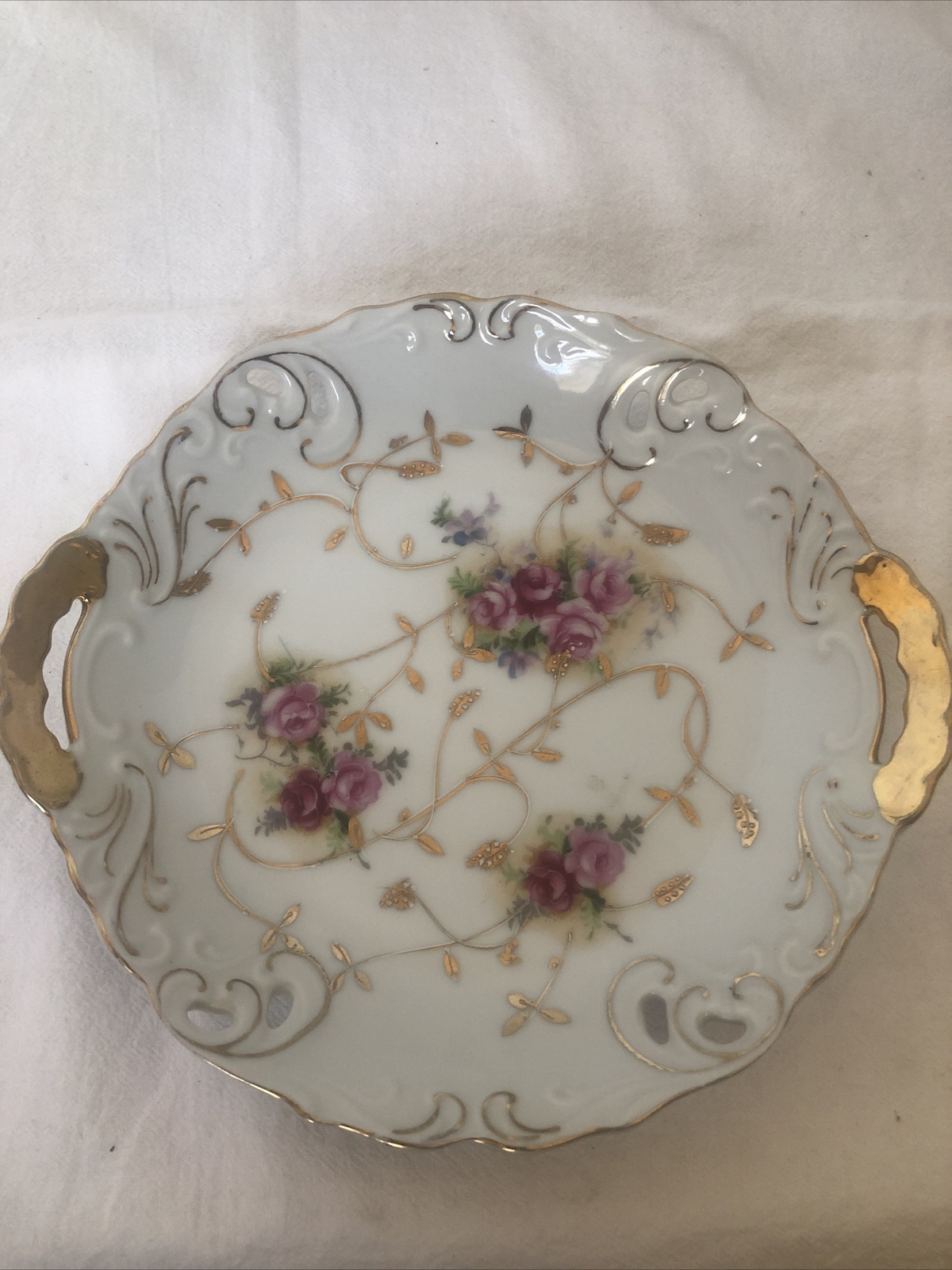 Reticulated Gold Trimmed Bowl with Handles - Pink Rose Porcelain Crossed Arrow 