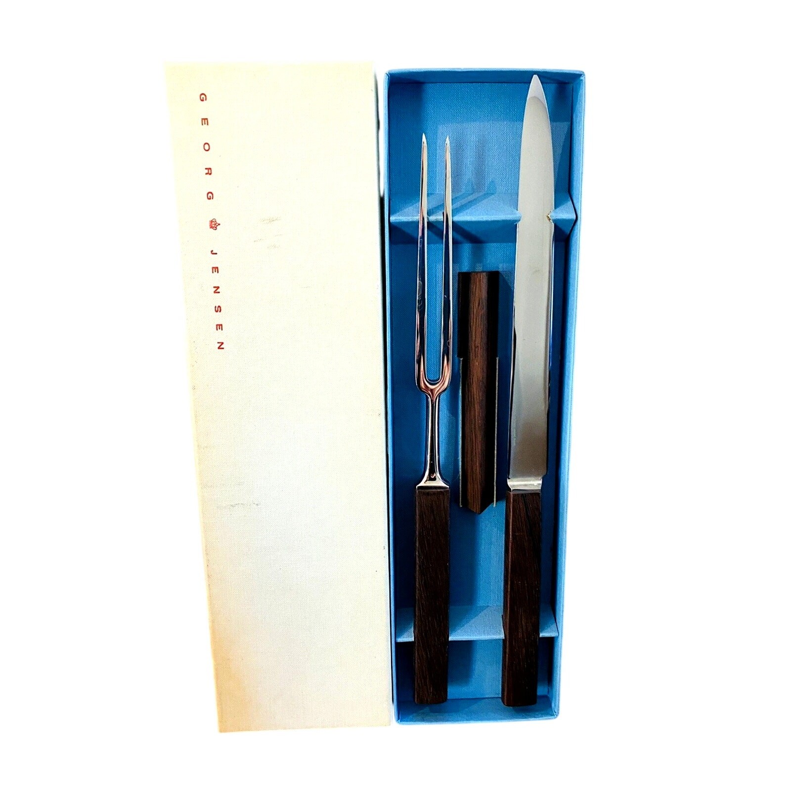 New Vintage Georg Jensen 3 Pc Carving Set Knife Fork Steel Box Denmark NOS
