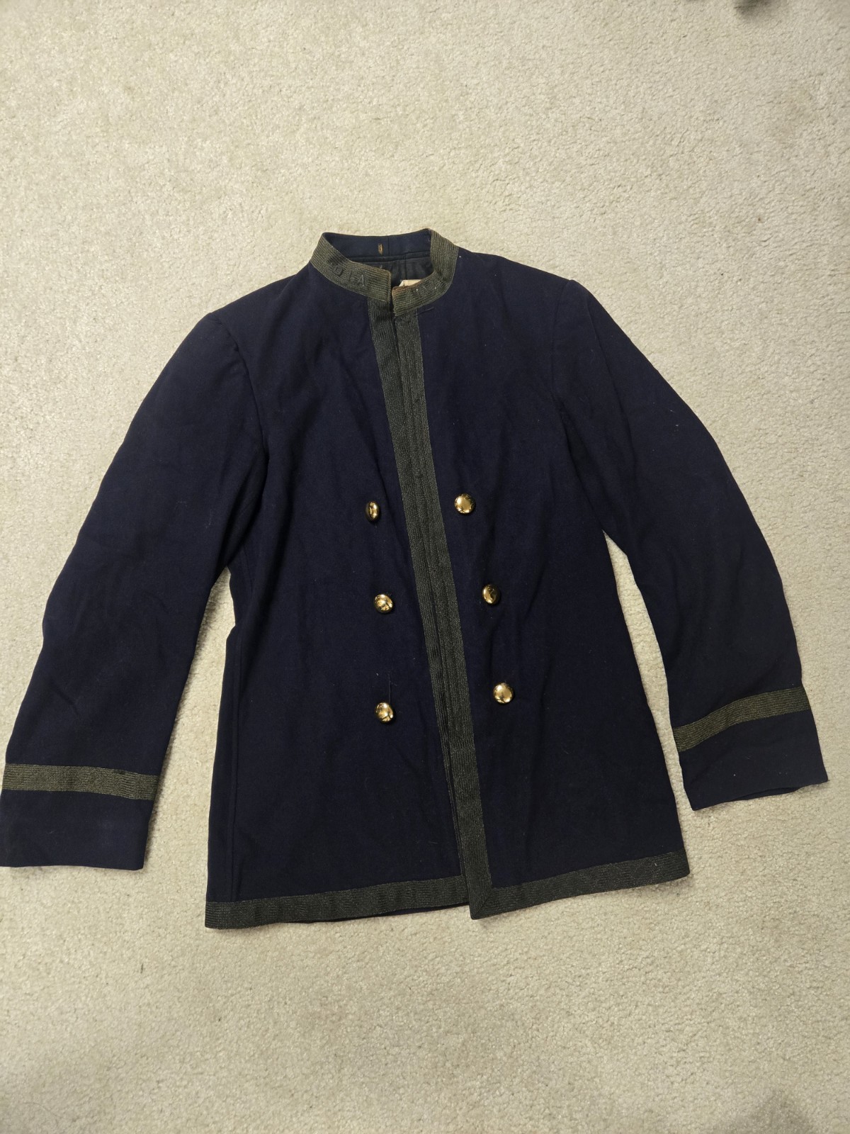 Vintage Military Style Wool Dress Tunic Jacket Brass Buttons Blue Green Trim 34
