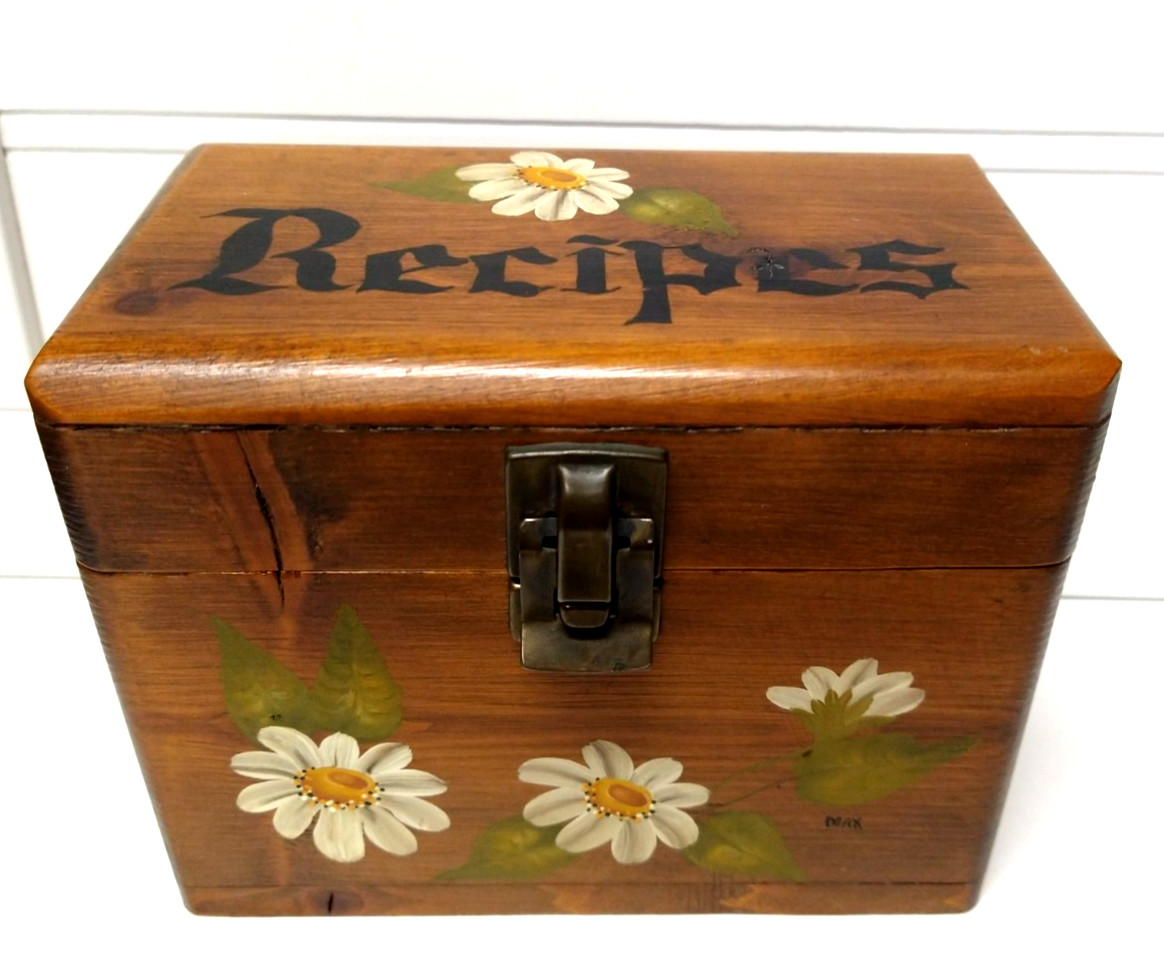 Vintage Wooden Recipe Box Handpainted Flowers Blank Recipe Cards Cottagecore