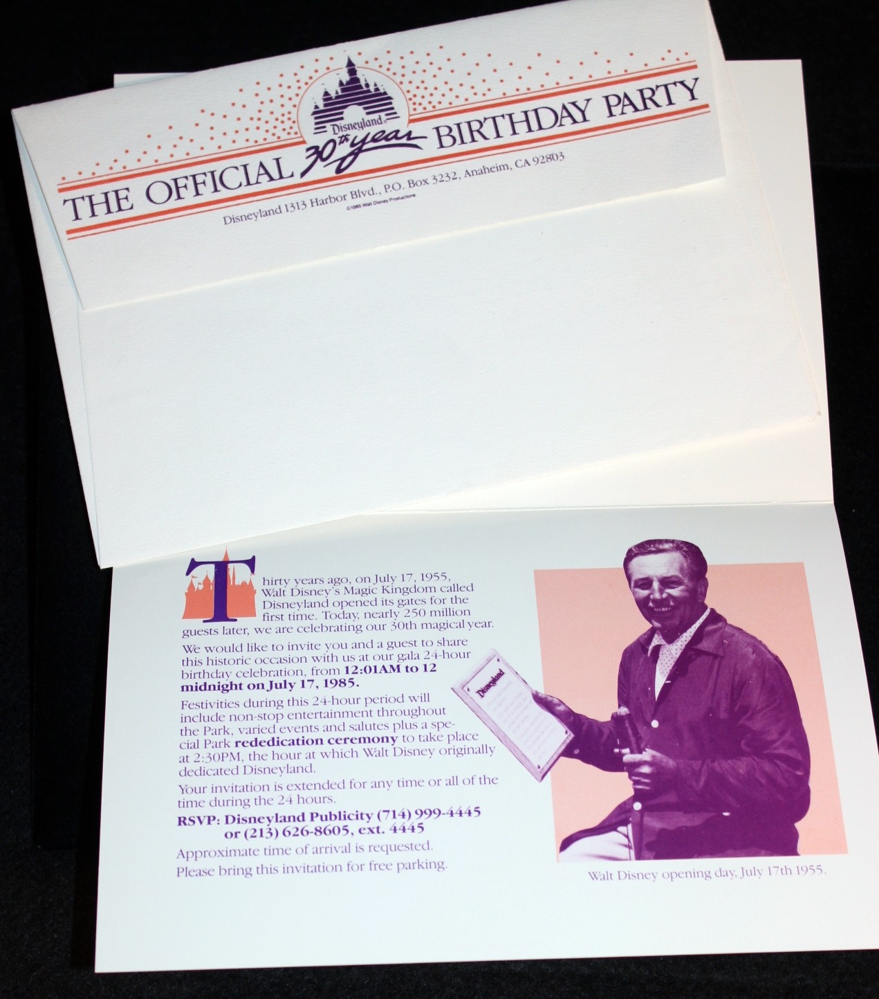 Disneyland 1985 Official 30th Anniversary VIP INVITATION Walt Disney Tribute