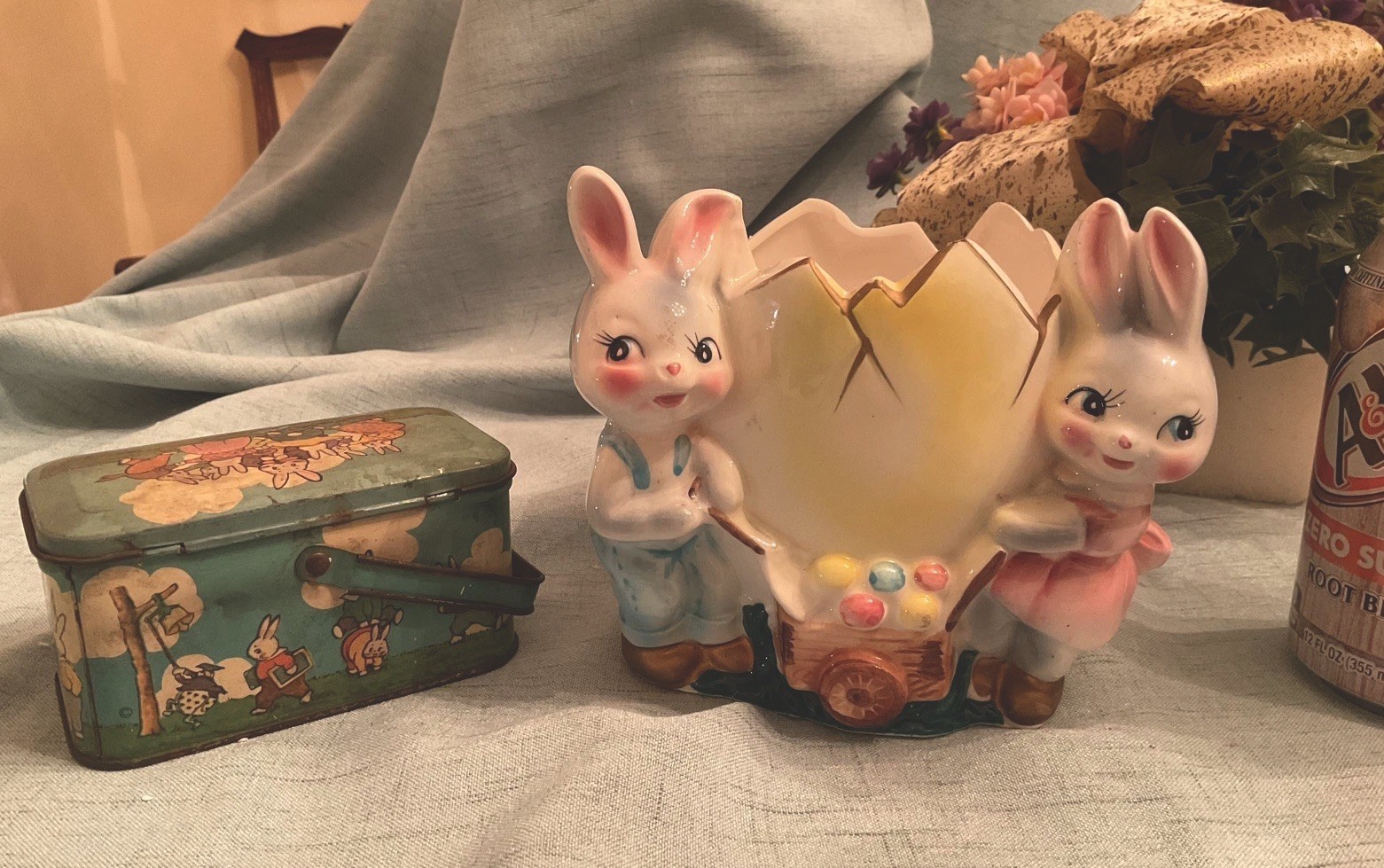 Vintage RB Japan Ceramic Egg Bunnies Planter~1950’s~1920’s Peter Rabbit TIN DECO