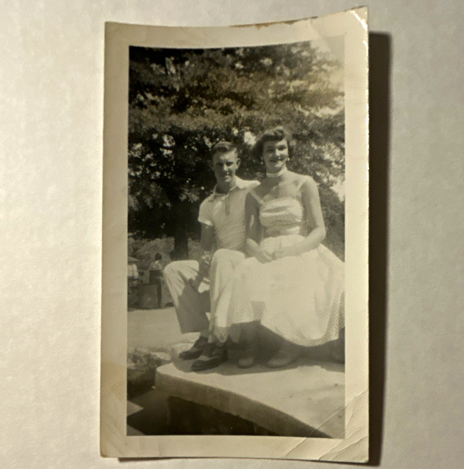 Vintage Original 1947 B&W Snapshot Photo of Couple Outdoors Handwritten Caption