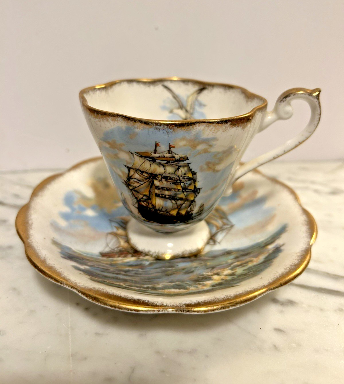VTG Royal Standard # 1612 Nautical Clipper Ship Teacup Saucer Set 1950s England