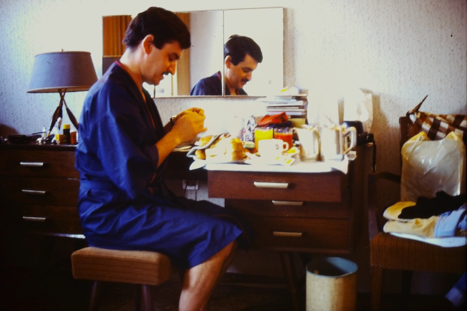 c1960\'s Kodachrome 35mm Slide Man Eating Breakfast in Robe Vanity Mirror Room