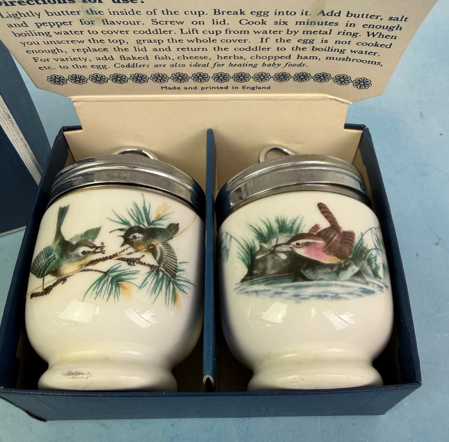 (2) Royal Worcester Single Egg Coddlers Lid England Porcelain Bird in Box *Crack