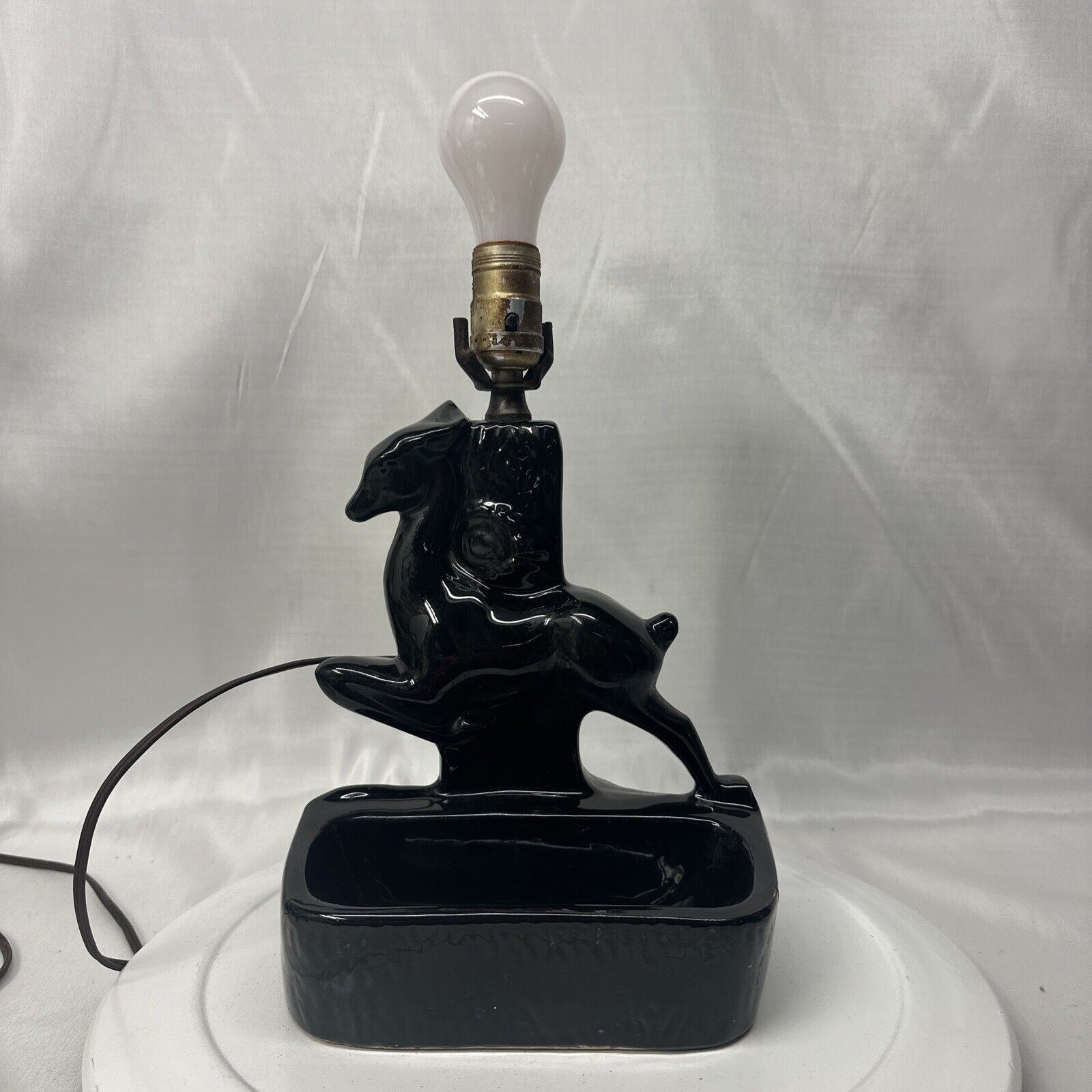 Vintage 1950\'s MCM Mid Century Modern Borzoi Greyhound Black Ceramic Lamp Crack