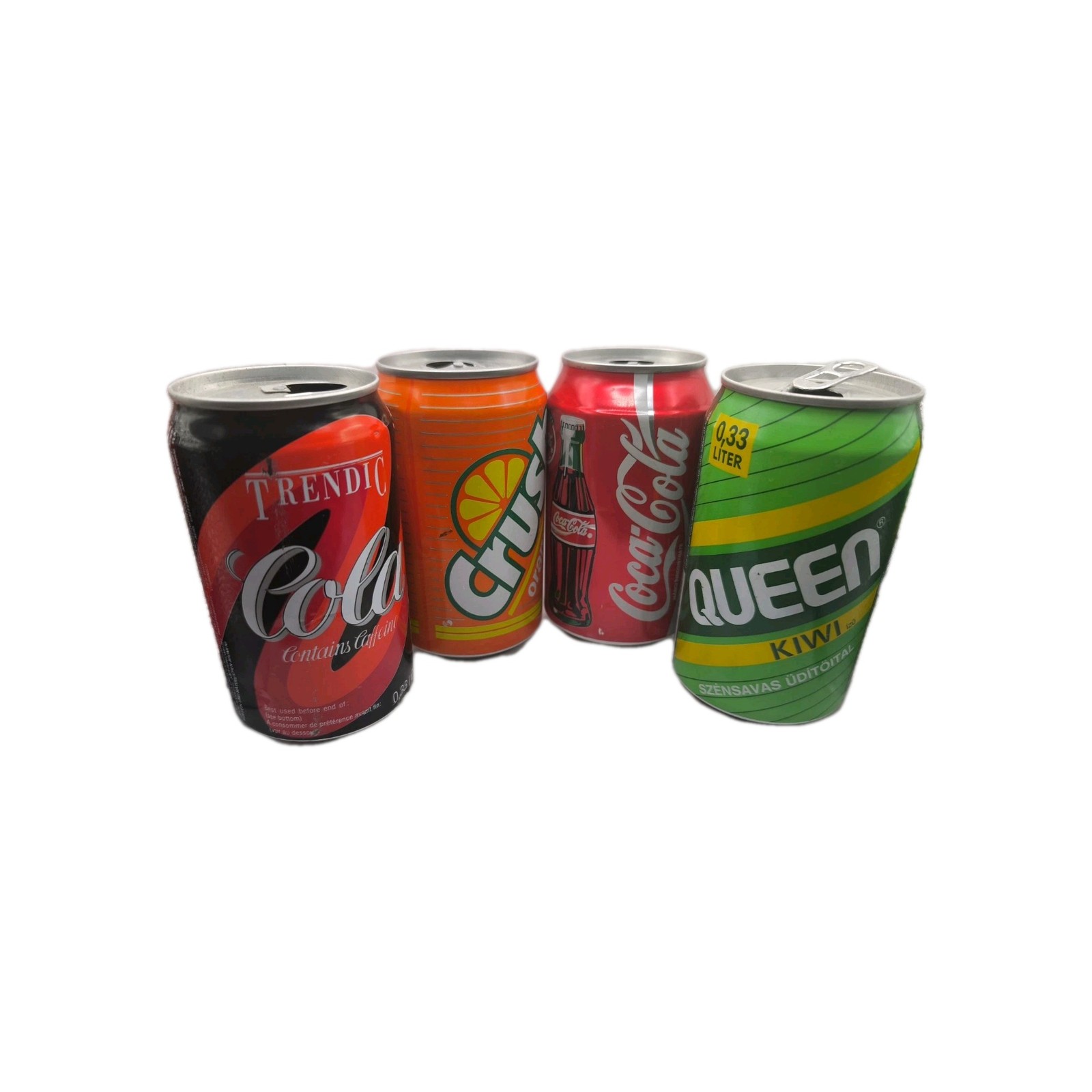 vintage cans of Coca-Cola, QUEEN, COLA TRENDIC, Crush orange with a volume 0,34L