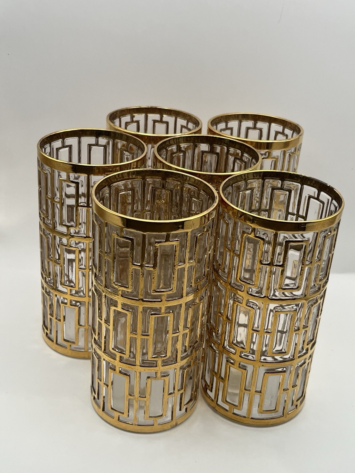 Imperial Glass Shoji 22K Gold Trellis Highball Glasses MCM Regency Barware Set 6