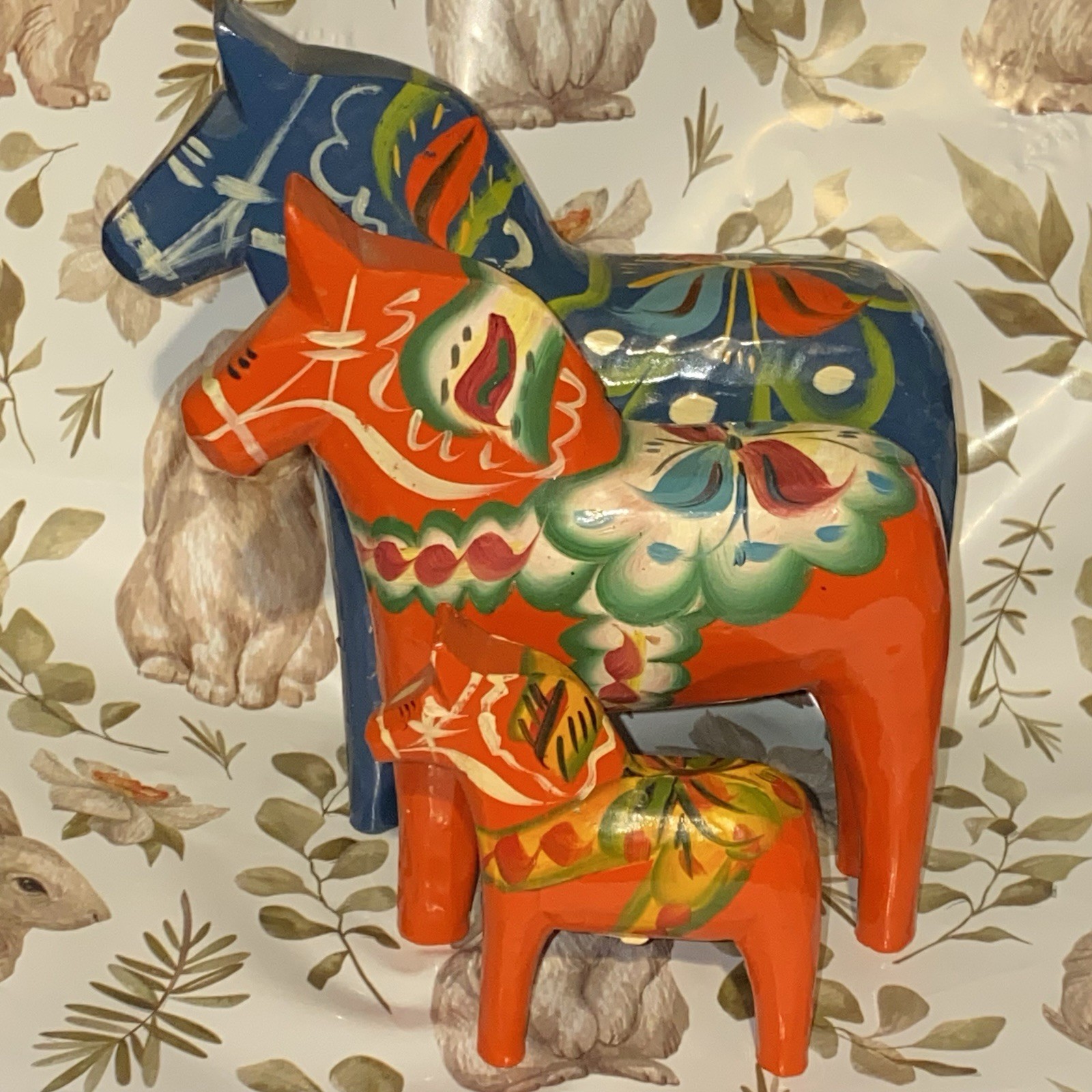 3 Vintage Nils Olsson Sweden Folk Art Swedish Horses Christmas Decor Blue , Red/
