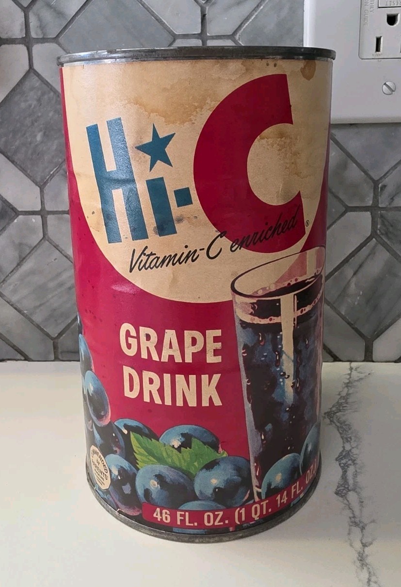 Vtg 1950-60s Hi-C Grape Drink metal Juice Can Paper Label 46 oz.  A34