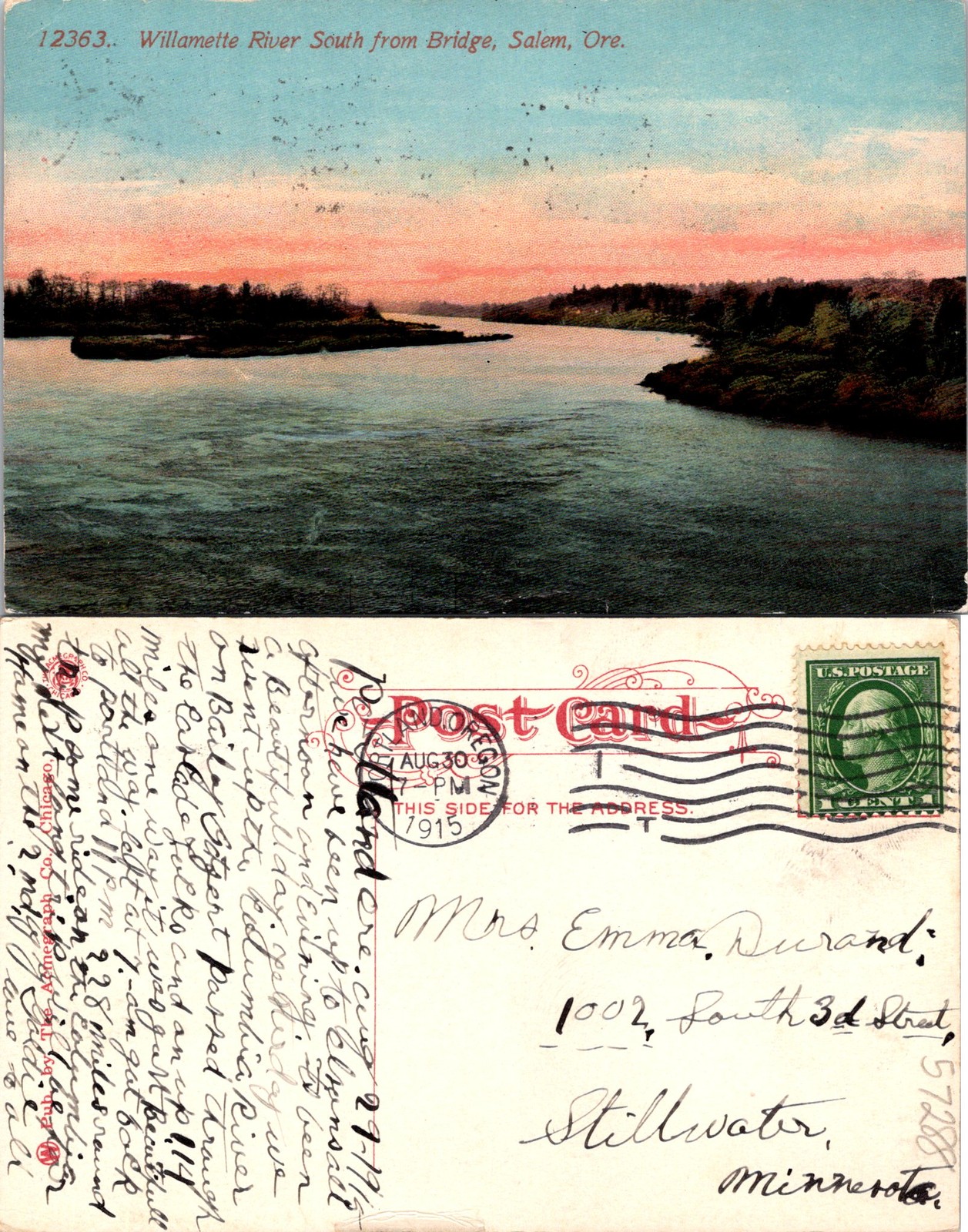 Salem OR. Willamette River - South From Bridge Postcard 57288