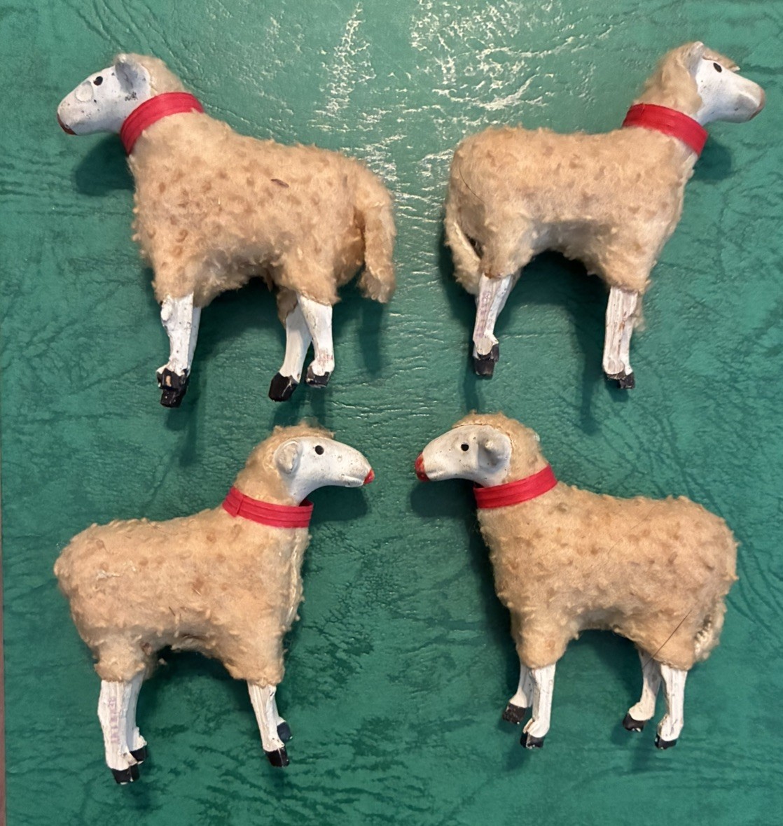 Four Putz Vintage Sheep, Germany, Red Ribbons, Christmas