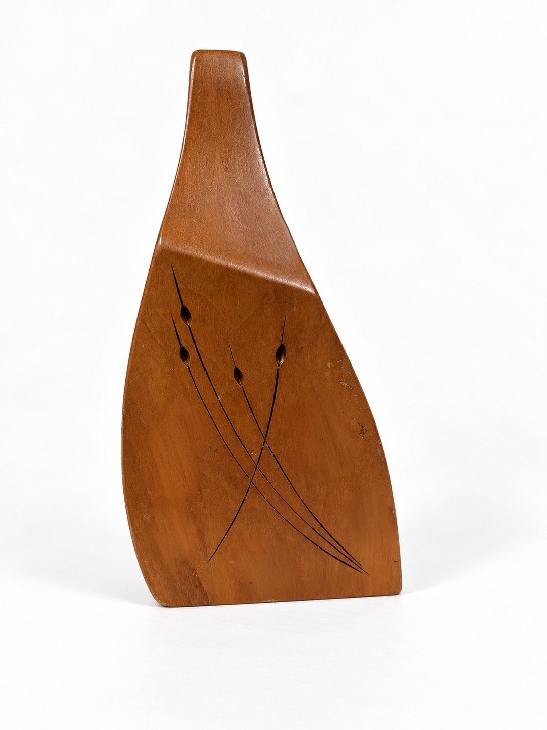 Vintage MCM Teak Wood Carved Bud Vase - Etched Cattail Design