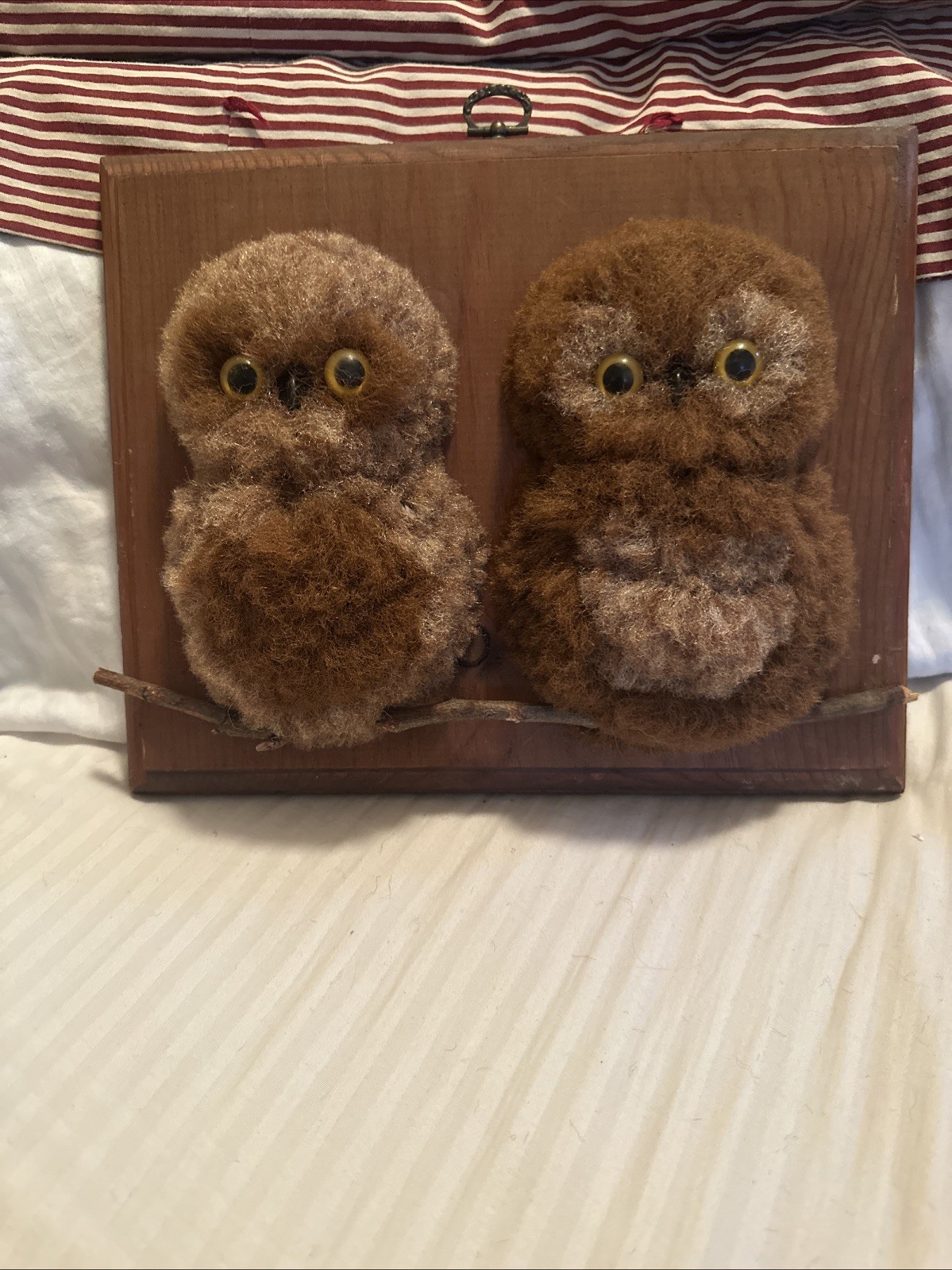 One Of A Kind Woolly Who Owls On Branch Plaque Vintage MCM handmade Kitschy