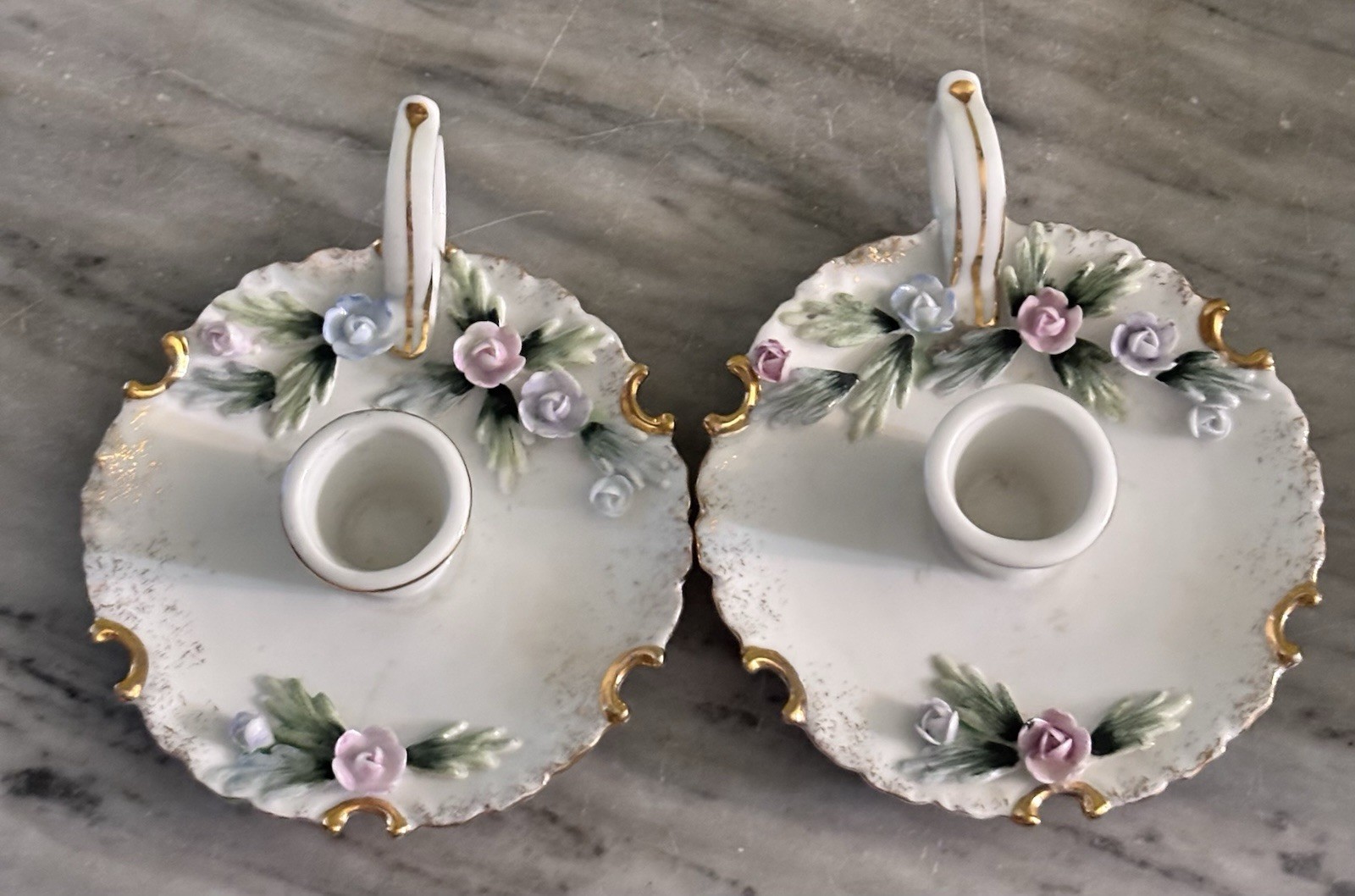 1950\'s Vtg Lefton Floral Handpainted Loop Hole Chamber Candlesticks Pair