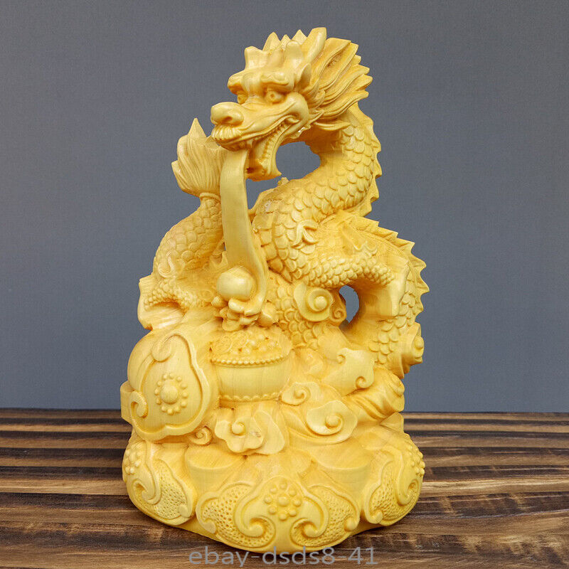 Solid Wood Auspicious Panlong Play Bead Statue Wooden Handmade Sculpture Home