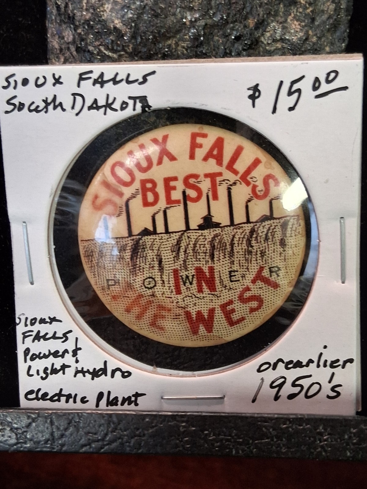 Vintage Sioux Falls Power & Light Hydro Elec. Plant, South Dakota Pinback Button