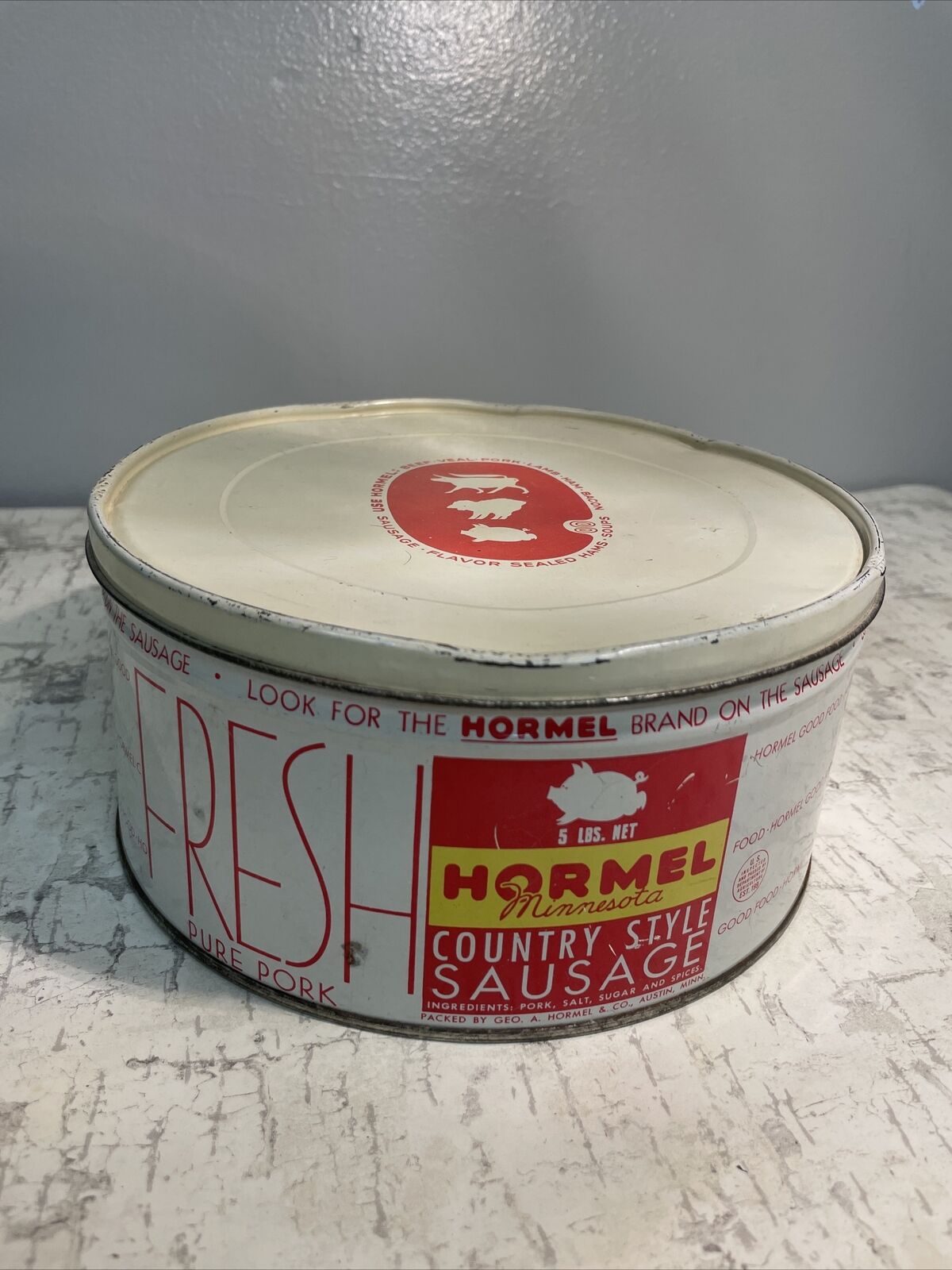Vintage Fresh Hormel Minnesota country style sausage tin Austin 5 pound size 