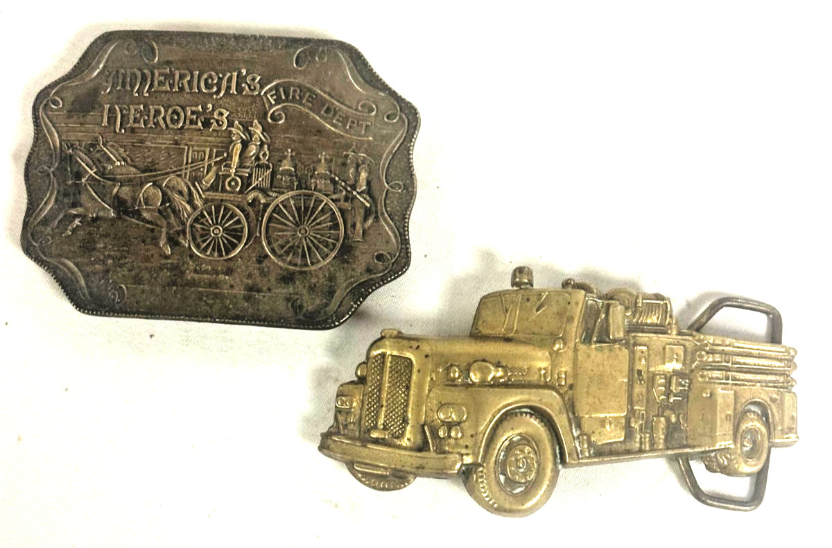 Vintage 1979 Baron Belt Buckle Solid Brass BBB Fire Truck, American's Heros's Bo