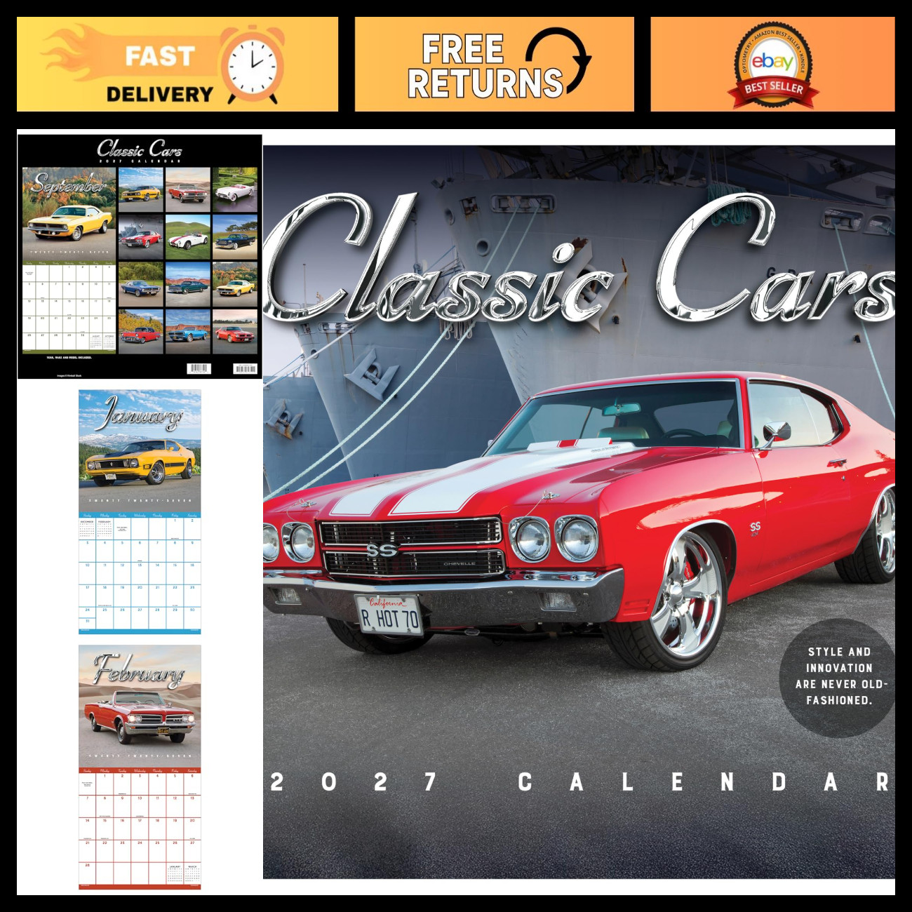 TF Publishing 2027 Classic Cars Wall Calendar - 12 x 12 inches