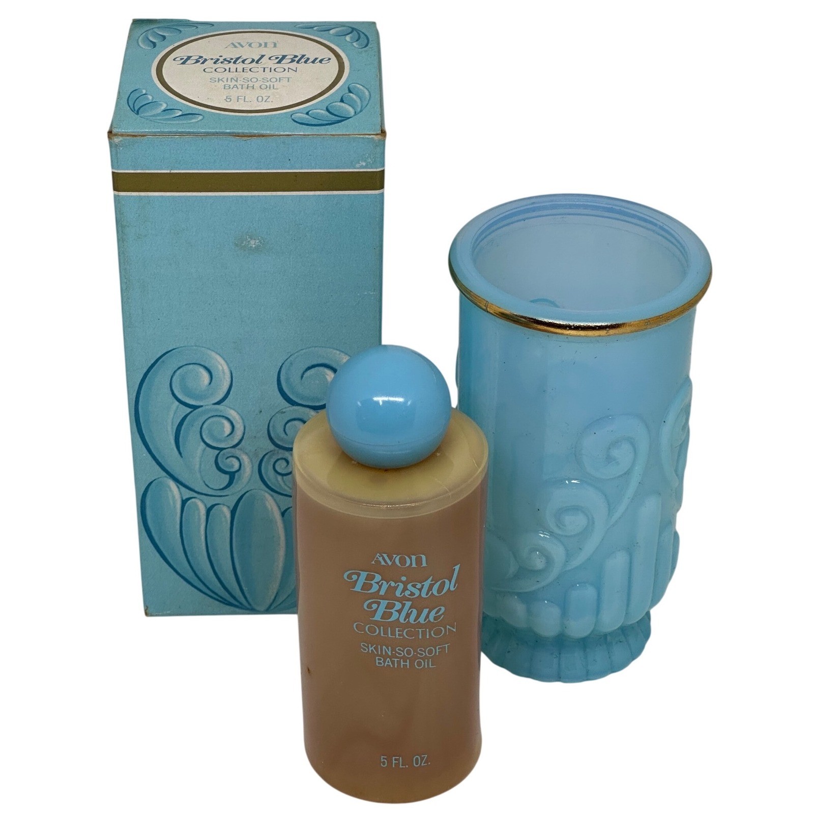 VTG Avon Bristol Blue Skin So Soft Bath Oil Opaline Glass Bottle Gold Trim 5oz