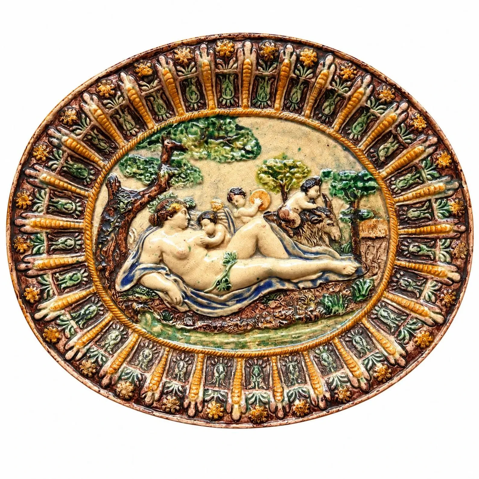 Antique French Majolica Wall Plaque Oval Relief Ceramic Renaissance Style Antique French Majolica Wall Plaque Oval Relief Ceramic Renaissance Style