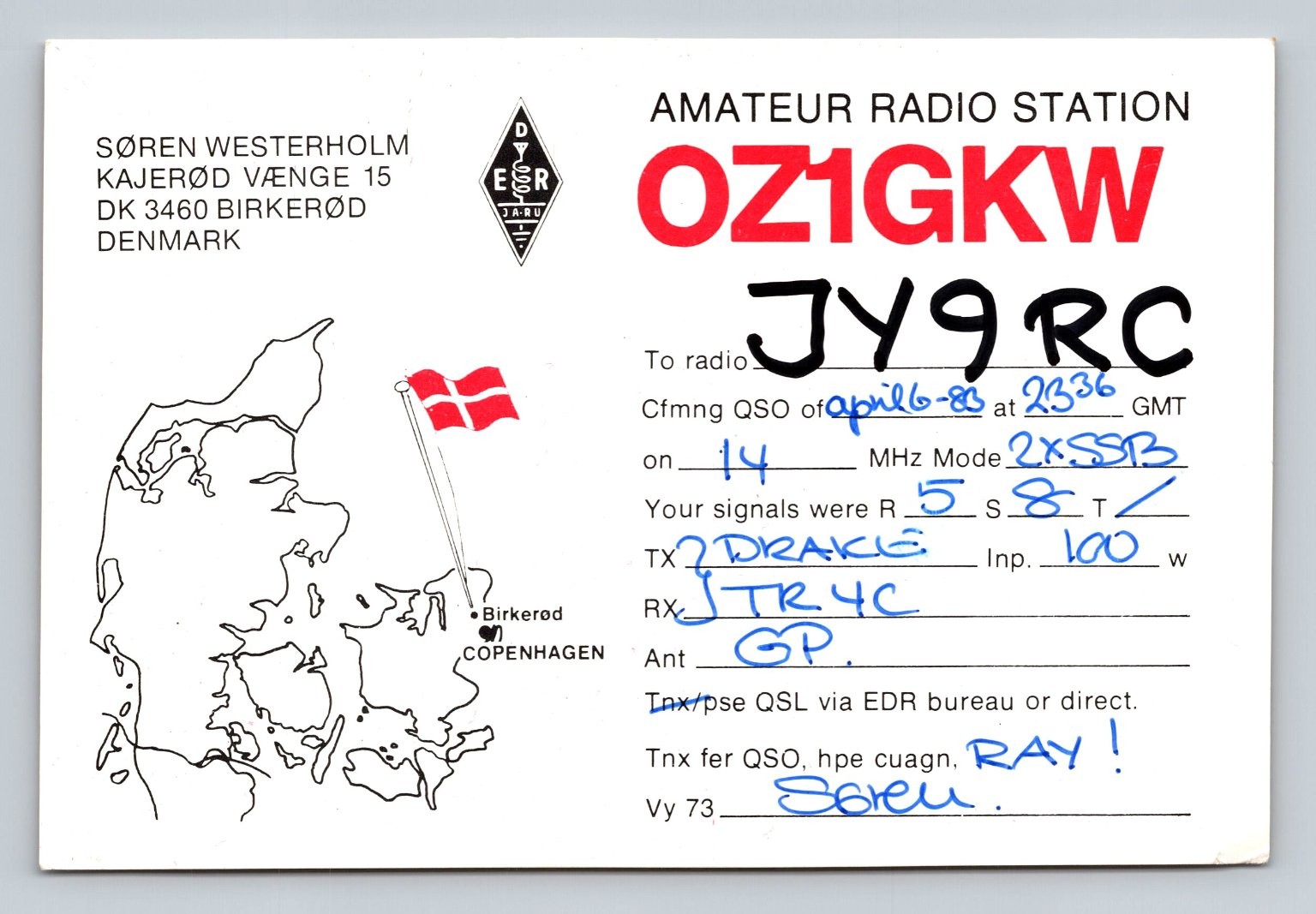 Ham Radio QSL OZ1GKW Denmark to JY9RC April 1983 14 MHz SSB Drake TR4C