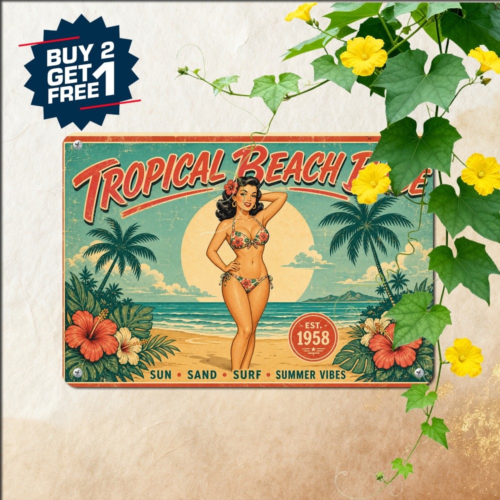 Beautiful Floral Bikini Woman Sign Sexy Model Summer Beach Resort Metal Plaque