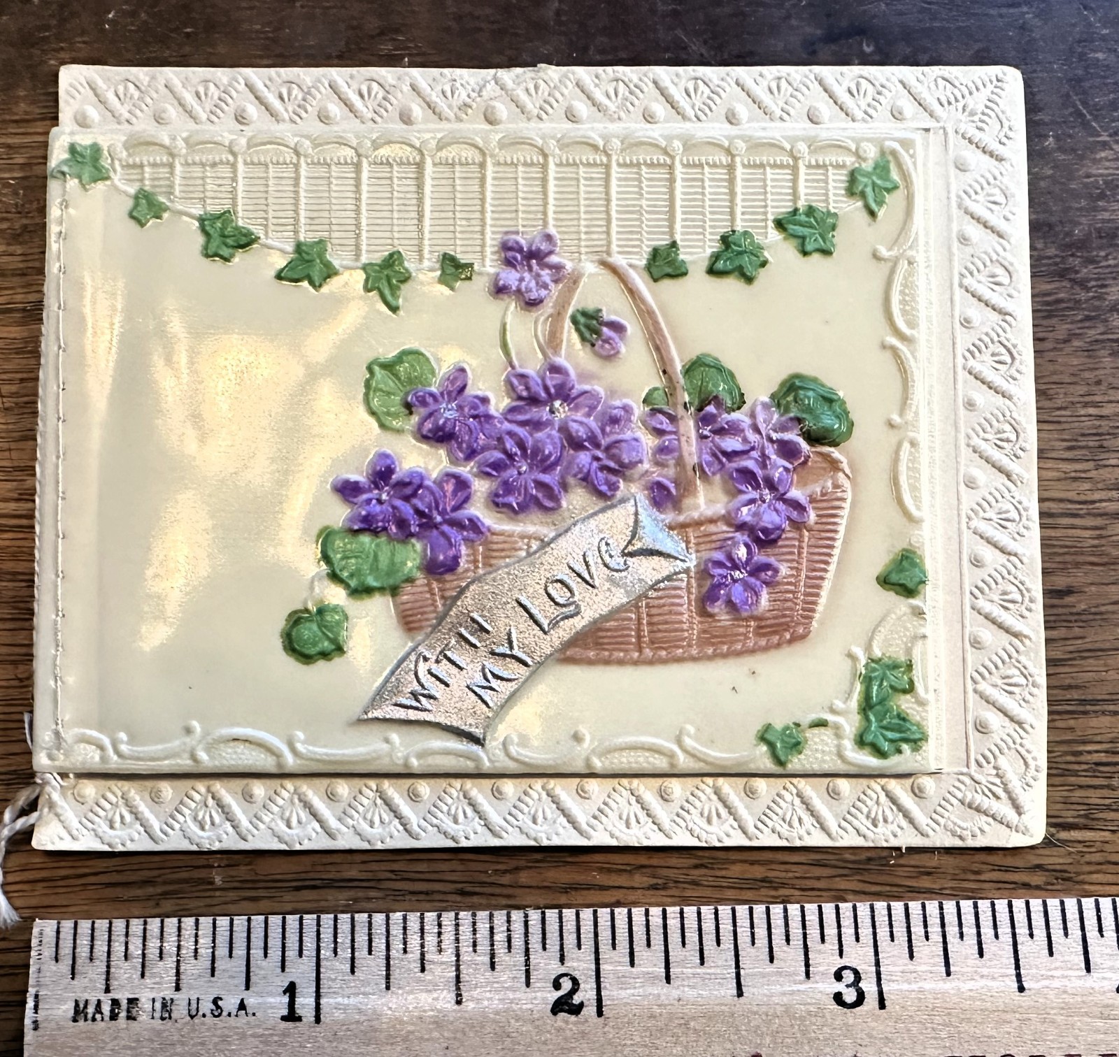 Antique Victorian Celluloid Christmas Card Embossed Violets Tassel England