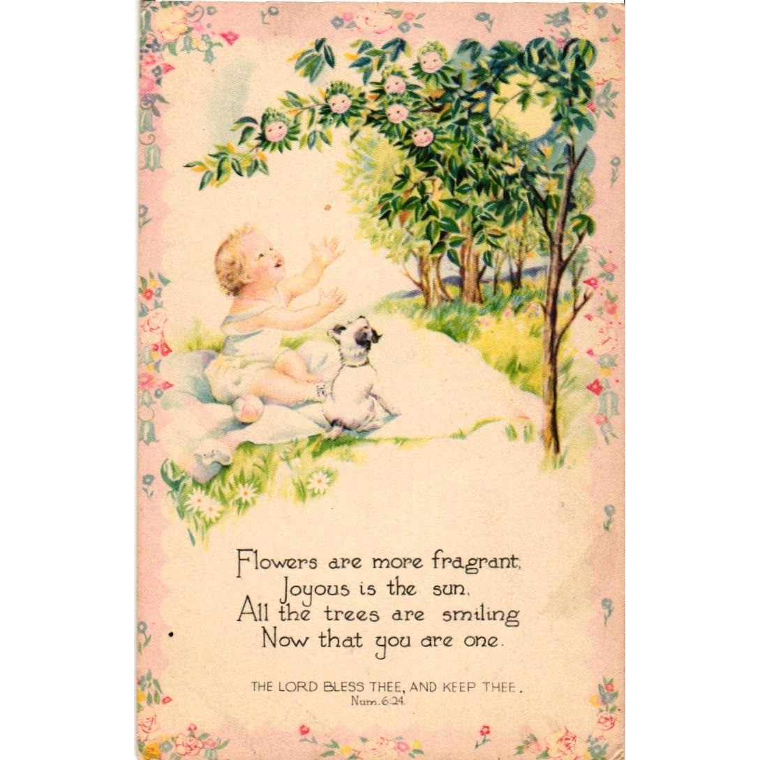 Vintage 1947 First Birthday Postcard Toddler Dog Smiling Trees Religious Poem
