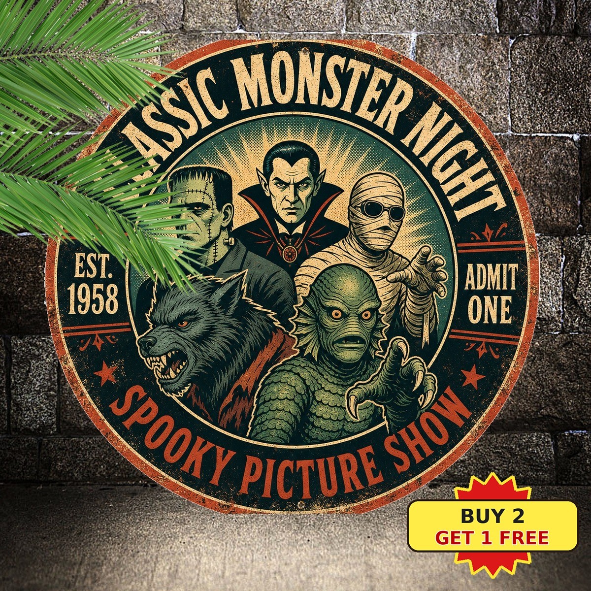 Classic Horror Movie Monsters Halloween Round Tin Sign Spooky Game Room Wall Art