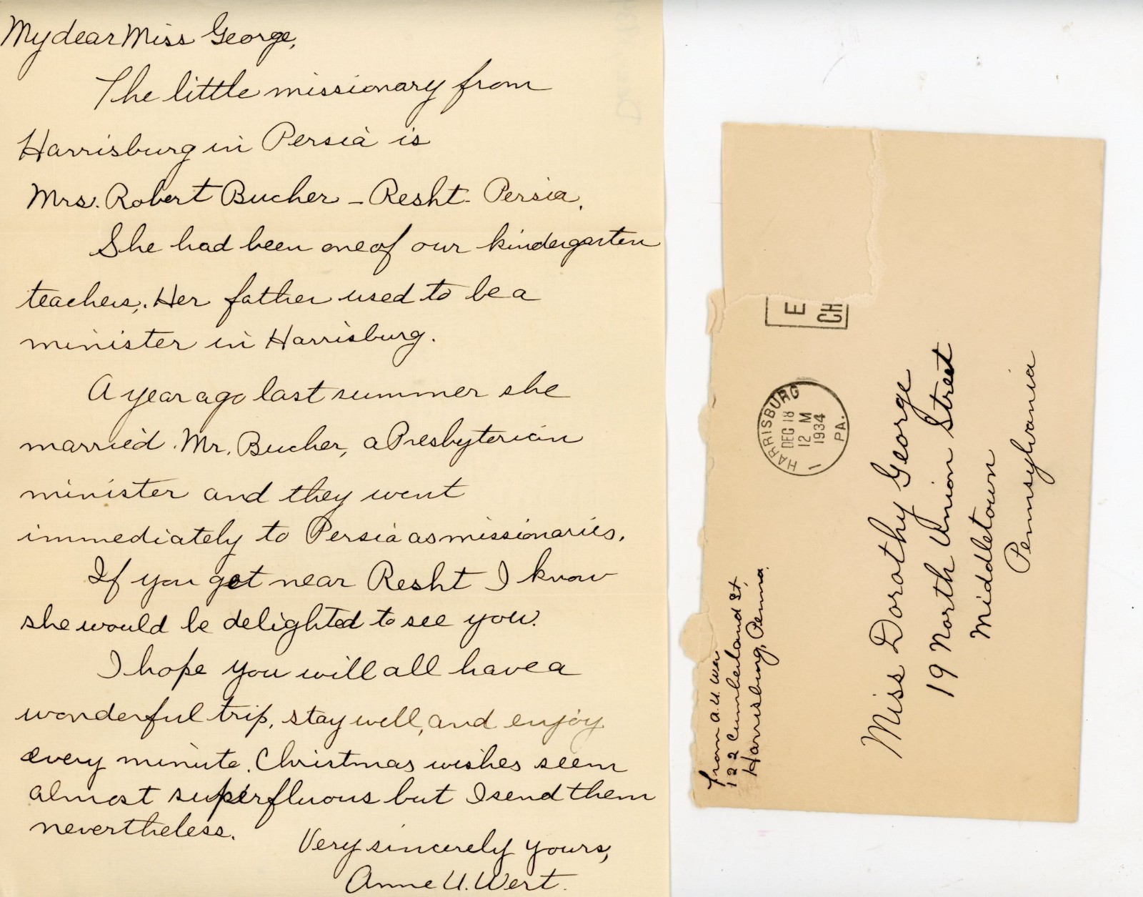 1934 Letter & Cover Harrisburg PA to Persia Iran Presbyterian Missionary History
