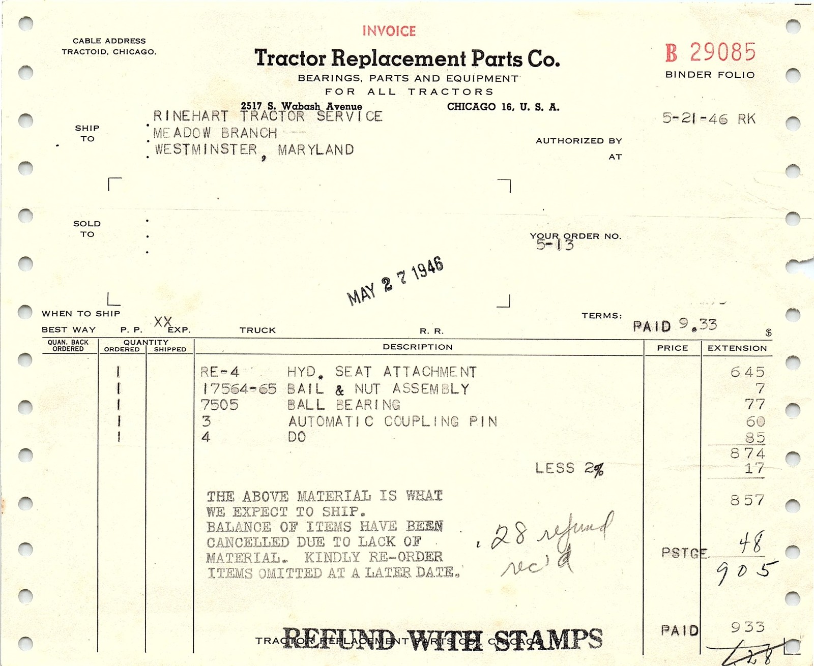 1946 Tractor Replacement Parts Co. invoice, Chicago IL