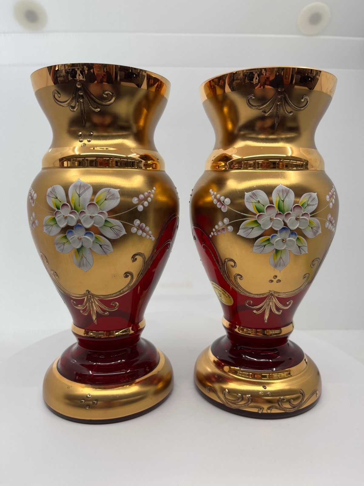 Bohemian Czech Ruby Red Gold Vases Pair Hand Painted Enamel Floral 8.5\