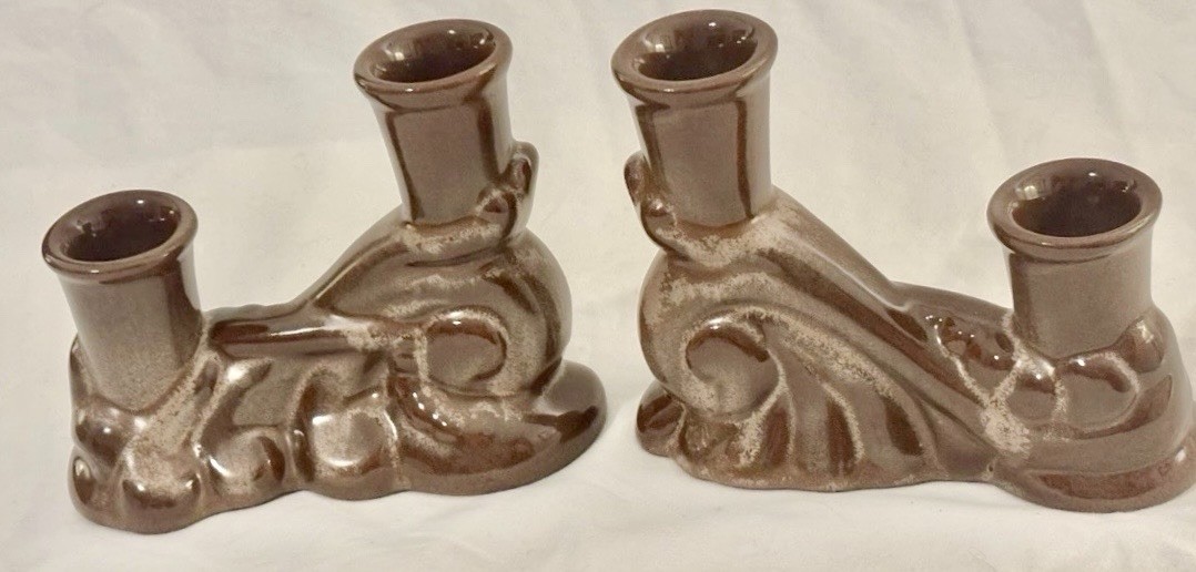 Vintage Frankoma Cocoa Brown Glaze Double Candleholders #304....1 Pair
